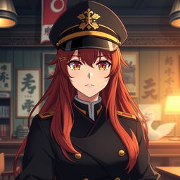A 20-year-old female anime general of the Japanese imperial court during the Second World War, wearing a decorative military hat that showcases traditional insignia