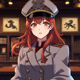 A 20-year-old female anime general of the Japanese imperial court during the Second World War, wearing a decorative military hat that showcases traditional insignia