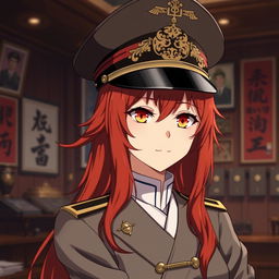 A 20-year-old female anime general of the Japanese imperial court during the Second World War, wearing a decorative military hat that showcases traditional insignia