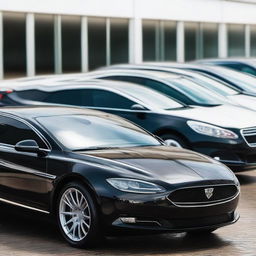 A sleek, modern car rental service, with shiny and clean vehicles lined up ready for hire