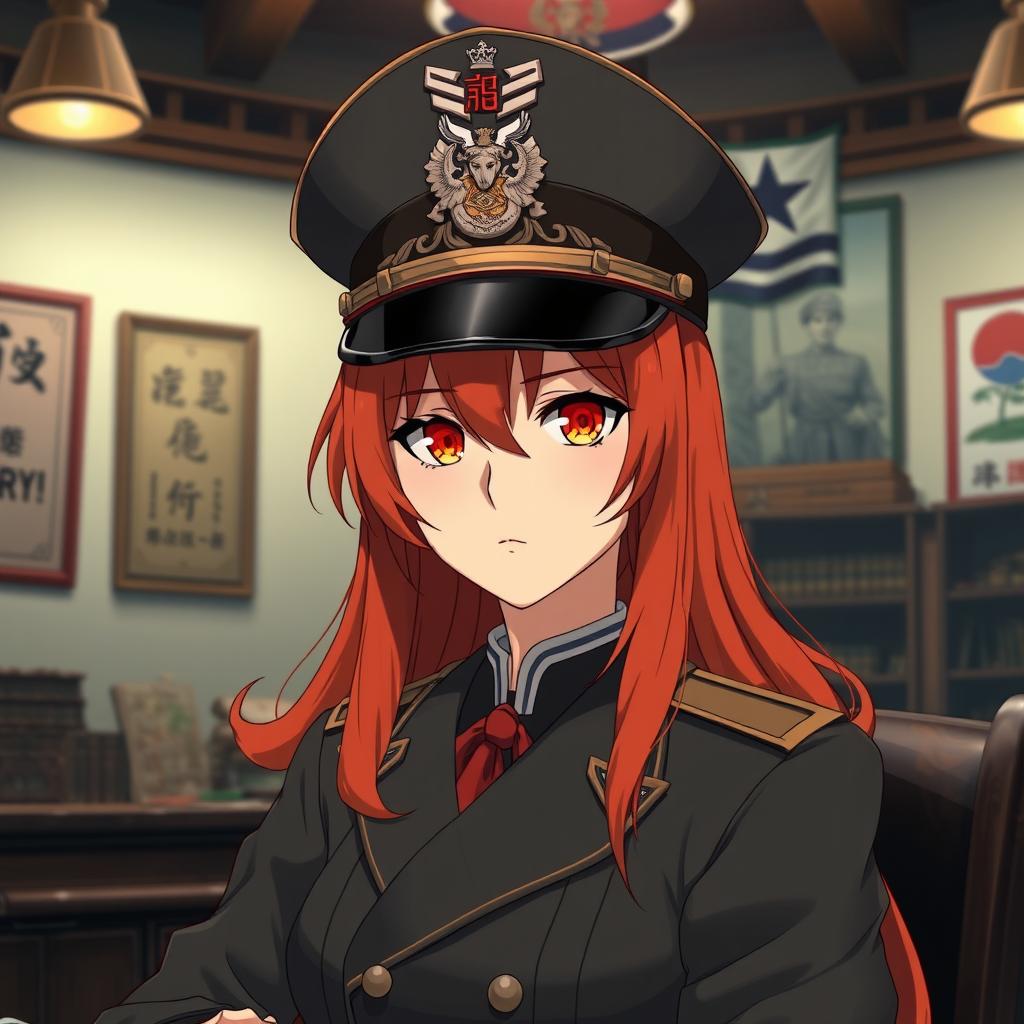 A 20-year-old female anime general of the Japanese imperial court during the Second World War, wearing a decorative military hat that showcases traditional insignia
