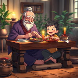 A heartwarming scene depicting a young child and a wise master sharing a meal together