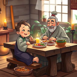 A heartwarming scene depicting a young child and a wise master sharing a meal together