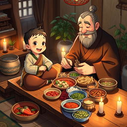 A heartwarming scene depicting a young child and a wise master sharing a meal together