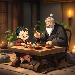 A heartwarming scene depicting a young child and a wise master sharing a meal together