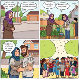 A four-panel comic strip illustrating the story of two neighbors, a woman wearing a hijab and a man with visible tattoos