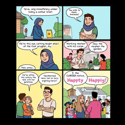 A four-panel comic strip illustrating the story of two neighbors, a woman wearing a hijab and a man with visible tattoos