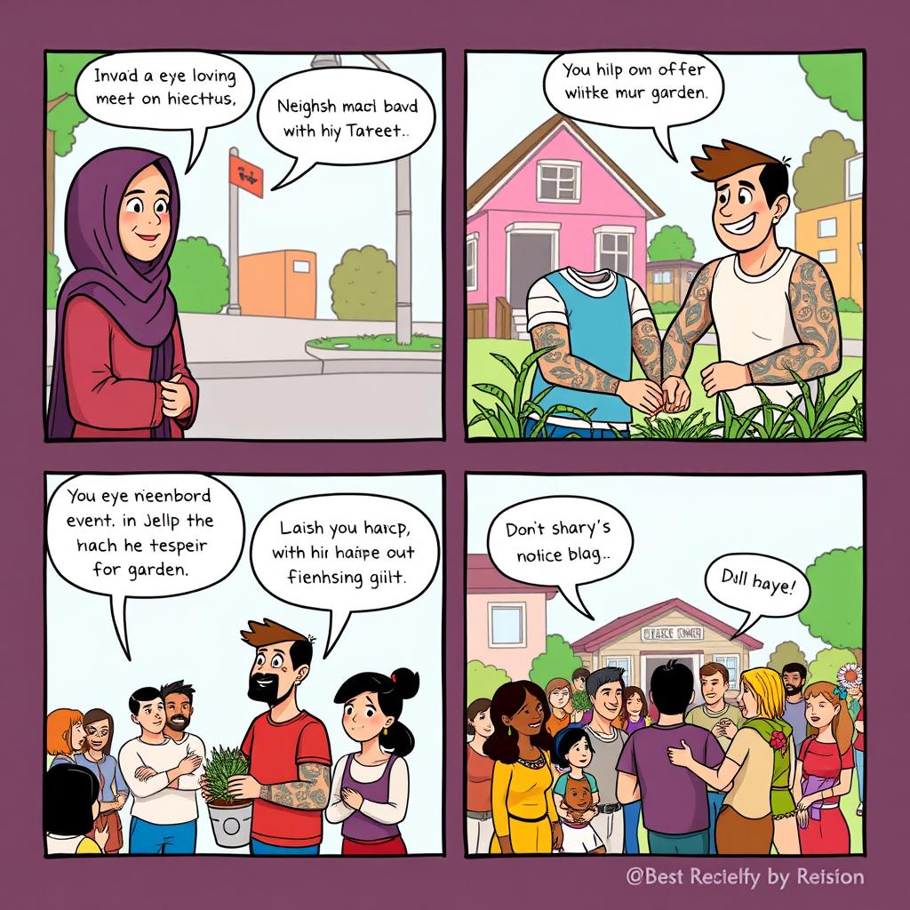 A four-panel comic strip illustrating the story of two neighbors, a woman wearing a hijab and a man with visible tattoos