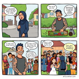 A four-panel comic strip illustrating the story of two neighbors, a woman wearing a hijab and a man with visible tattoos