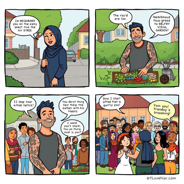 A four-panel comic strip illustrating the story of two neighbors, a woman wearing a hijab and a man with visible tattoos