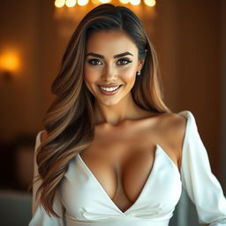 A stunning and alluring white woman exuding confidence and charm, wearing an elegant outfit that highlights her beautiful figure and accentuates her cleavage