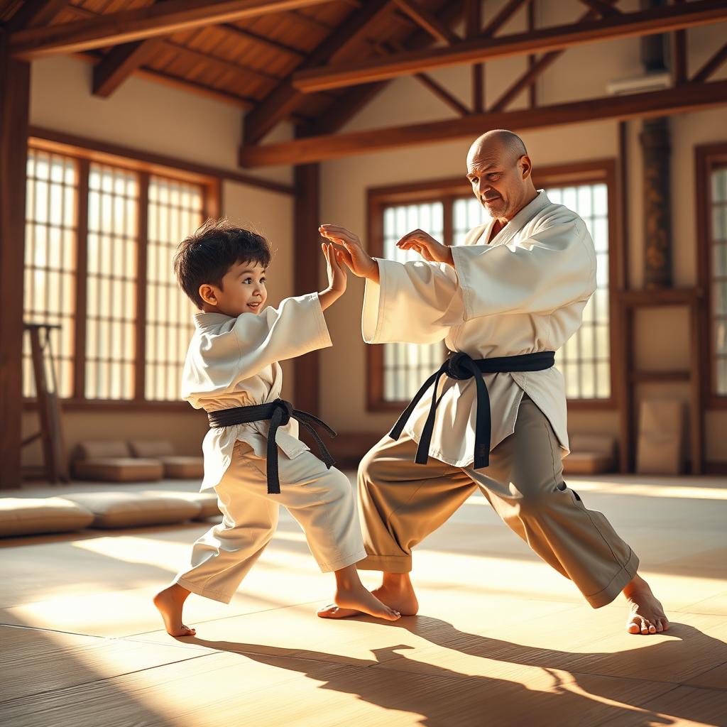 A dynamic scene depicting a young child playfully sparring with a wise master in a martial arts dojo