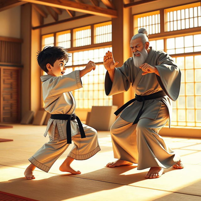 A dynamic scene depicting a young child playfully sparring with a wise master in a martial arts dojo