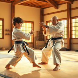 A dynamic scene depicting a young child playfully sparring with a wise master in a martial arts dojo