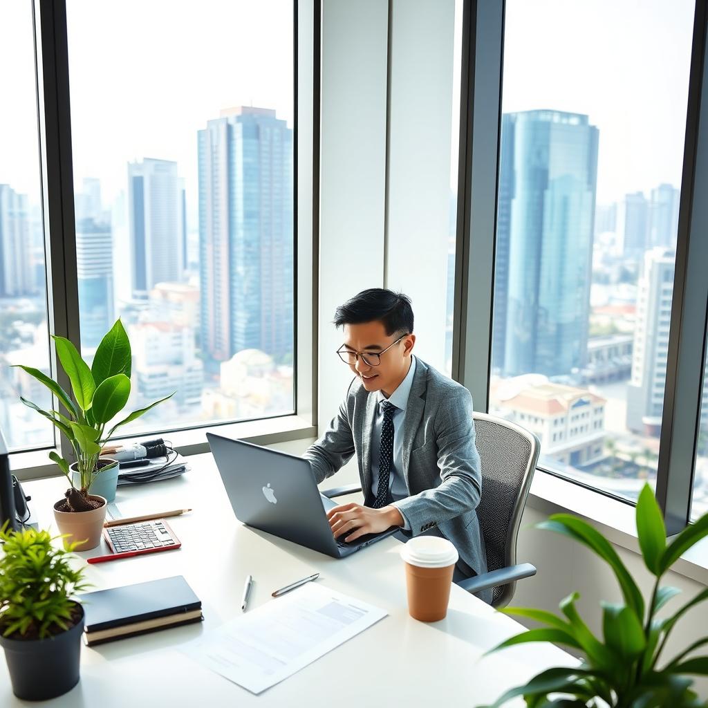 A typical office worker in Indonesia, wearing smart casual attire, sitting at a modern workstation with a laptop, surrounded by office supplies and a few potted plants
