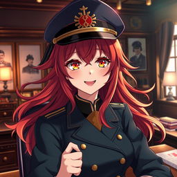A 20-year-old female anime general of the Japanese imperial court during the Second World War, wearing a stylish military hat adorned with traditional insignia