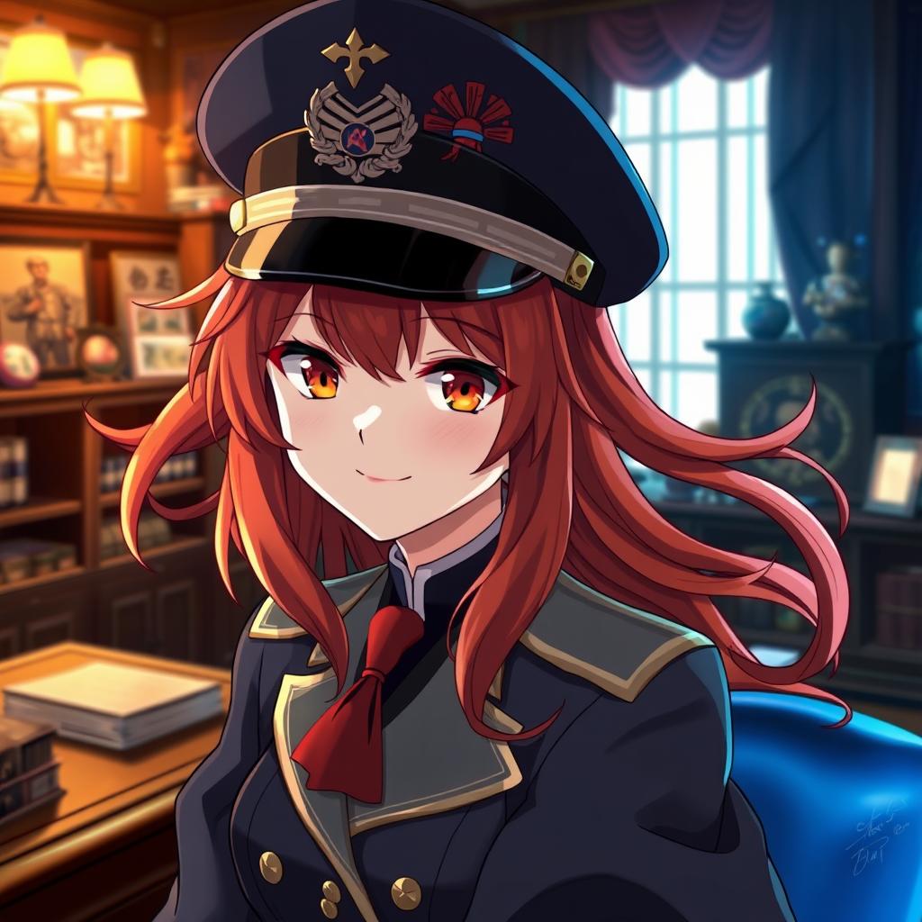 A 20-year-old female anime general of the Japanese imperial court during the Second World War, wearing a stylish military hat adorned with traditional insignia