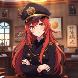 A 20-year-old female anime general of the Japanese imperial court during the Second World War, wearing a stylish military hat adorned with traditional insignia