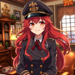 A 20-year-old female anime general of the Japanese imperial court during the Second World War, wearing a stylish military hat adorned with traditional insignia