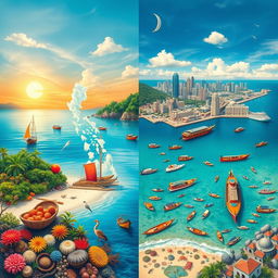 A vibrant and detailed collage showcasing the contrasting landscapes and cultures of the Philippine Sea and the South China Sea
