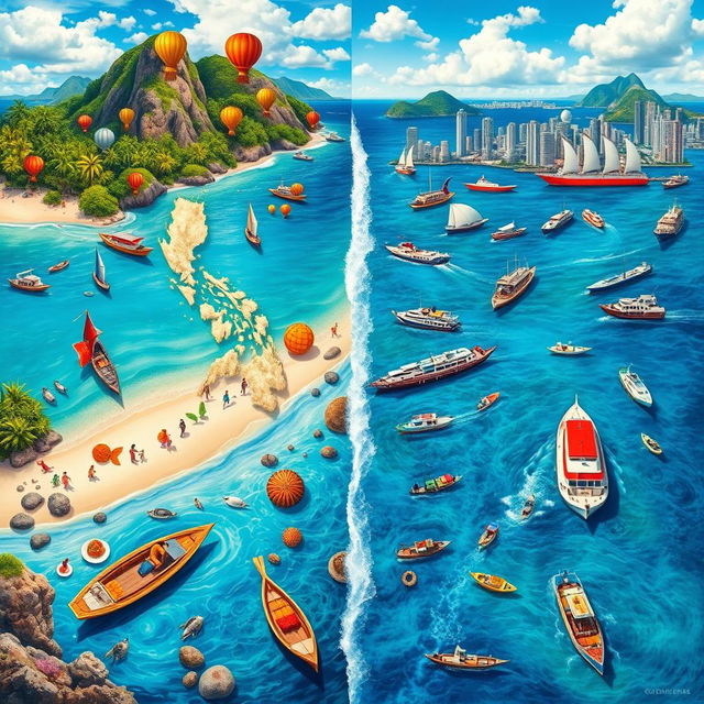 A vibrant and detailed collage showcasing the contrasting landscapes and cultures of the Philippine Sea and the South China Sea