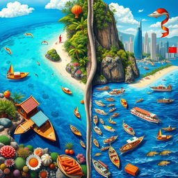 A vibrant and detailed collage showcasing the contrasting landscapes and cultures of the Philippine Sea and the South China Sea
