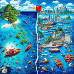A vibrant and detailed collage showcasing the contrasting landscapes and cultures of the Philippine Sea and the South China Sea