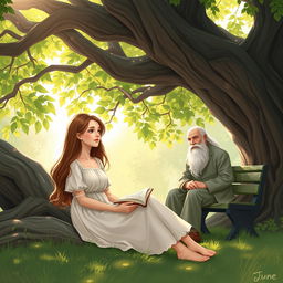 A serene scene depicting a young woman named June sitting peacefully under the shade of an ancient tree, where a wise old man can be seen nearby, observing nature