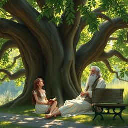 A serene scene depicting a young woman named June sitting peacefully under the shade of an ancient tree, where a wise old man can be seen nearby, observing nature