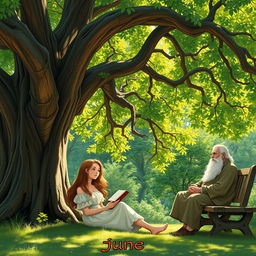 A serene scene depicting a young woman named June sitting peacefully under the shade of an ancient tree, where a wise old man can be seen nearby, observing nature