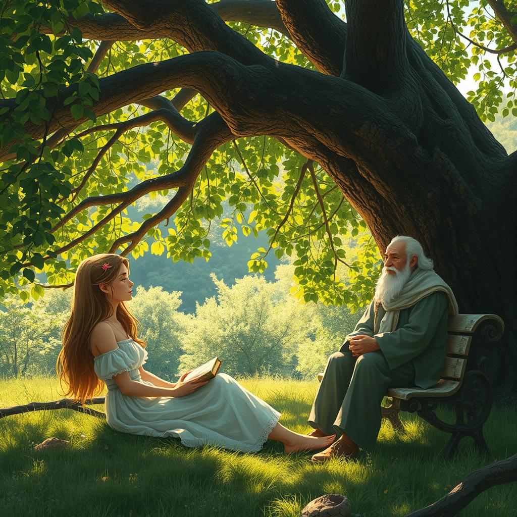 A serene scene depicting a young woman named June sitting peacefully under the shade of an ancient tree, where a wise old man can be seen nearby, observing nature