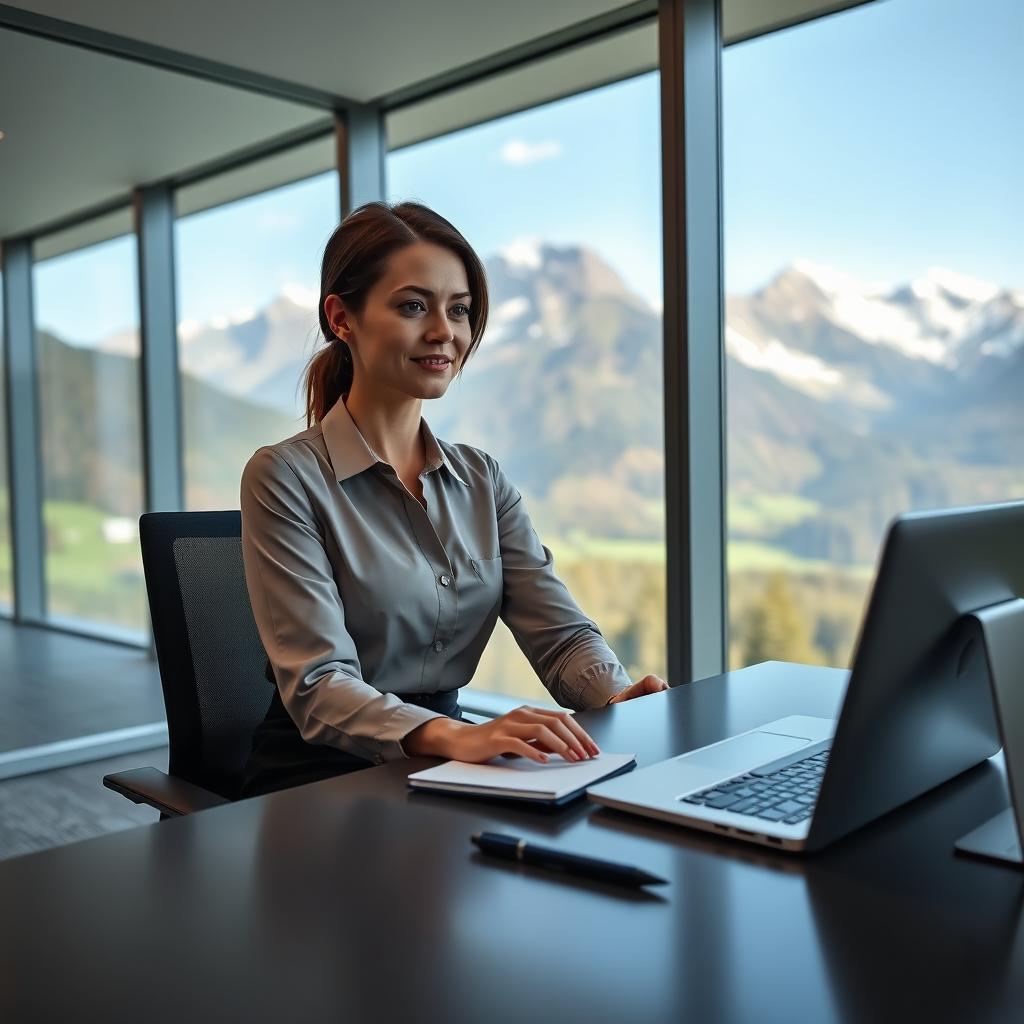 A typical female office worker in Switzerland, dressed in professional attire such as a tailored blouse and pencil skirt, seated at a sleek desk with a laptop and a few office essentials