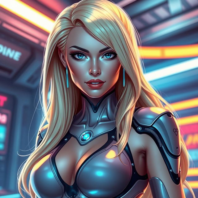 A stunningly beautiful android woman, inspired by the character Android 18, exuding confidence and allure