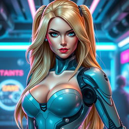 A stunningly beautiful android woman, inspired by the character Android 18, exuding confidence and allure