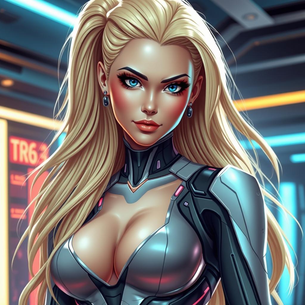 A stunningly beautiful android woman, inspired by the character Android 18, exuding confidence and allure