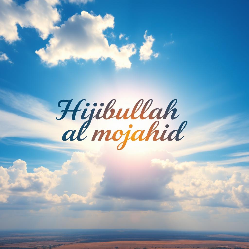 A vast sky painted in vibrant hues of blue and soft white clouds, with the text "Hijbullah al mojahid" artistically integrated into the clouds in a beautiful, flowing font