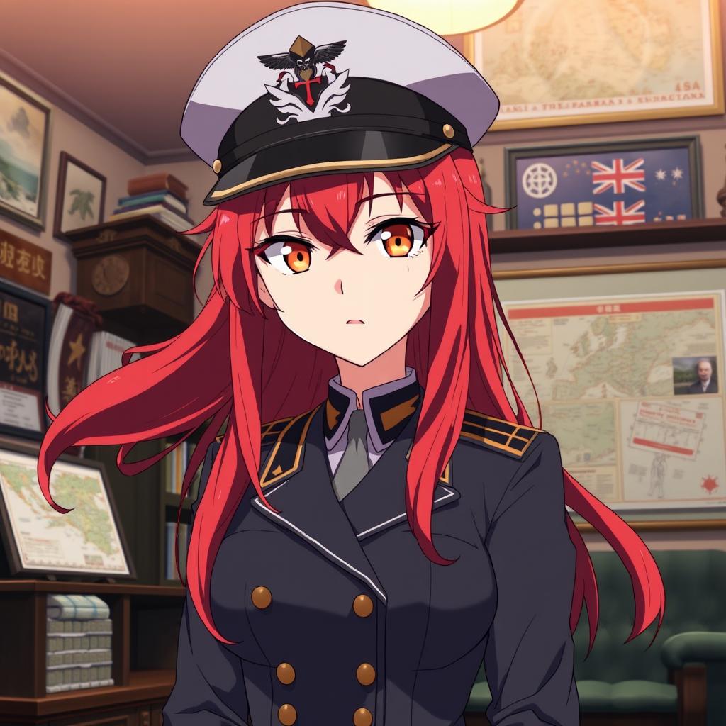 A female anime character, aged 20, depicted as a general of the Japanese imperial court during the Second World War