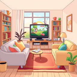 A cozy living room illustration featuring a cartoon-style television