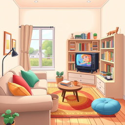 A cozy living room illustration featuring a cartoon-style television