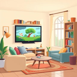 A cozy living room illustration featuring a cartoon-style television
