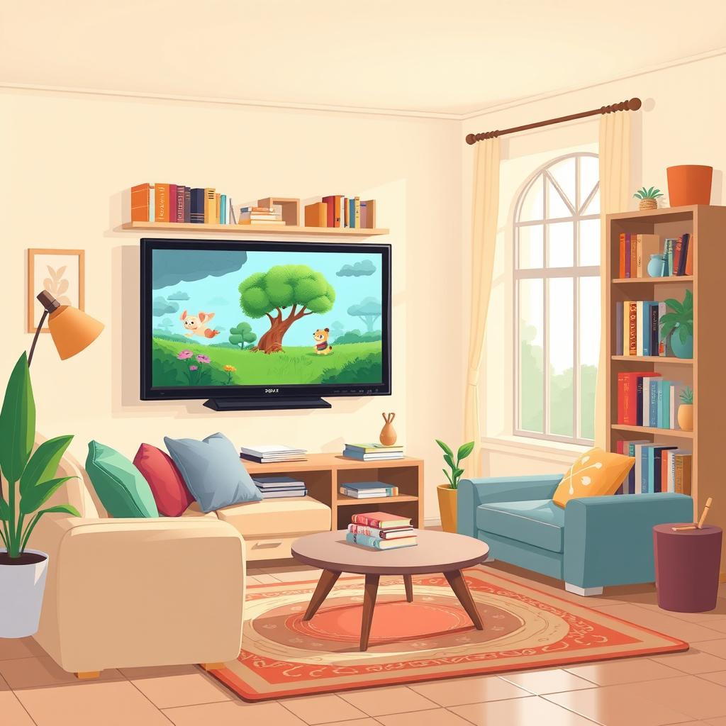 A cozy living room illustration featuring a cartoon-style television