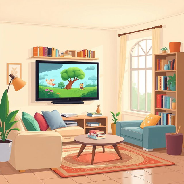 A cozy living room illustration featuring a cartoon-style television