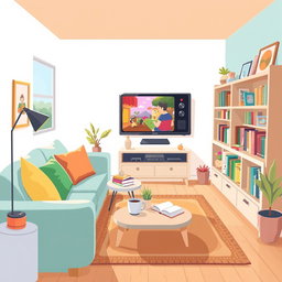 A cozy living room illustration featuring a cartoon-style television