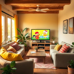 A cozy living room scene featuring a cartoon-style television