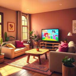 A cozy living room scene featuring a cartoon-style television