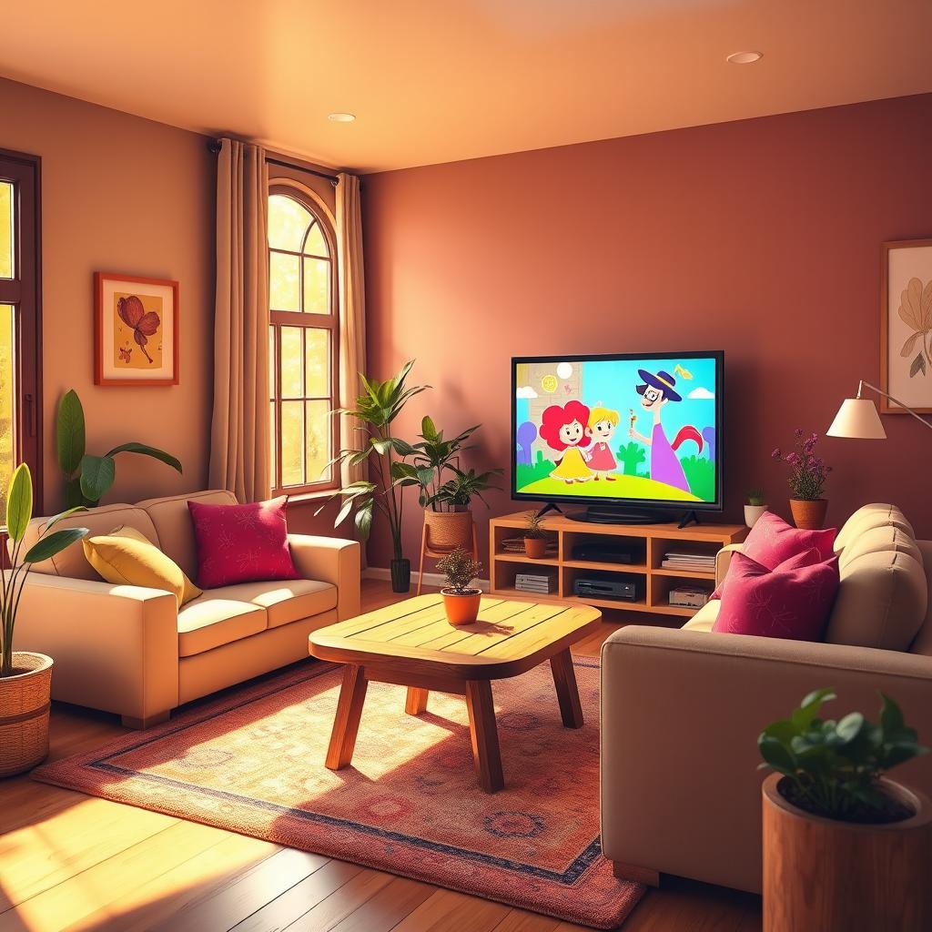 A cozy living room scene featuring a cartoon-style television