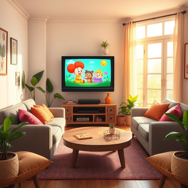 A cozy living room scene featuring a cartoon-style television