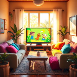 A cozy living room scene featuring a cartoon-style television