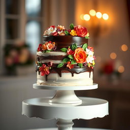 A beautifully decorated cake with multi-layer icing, intricate floral designs made of fondant, and colorful edible accents
