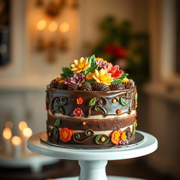 A beautifully decorated cake with multi-layer icing, intricate floral designs made of fondant, and colorful edible accents